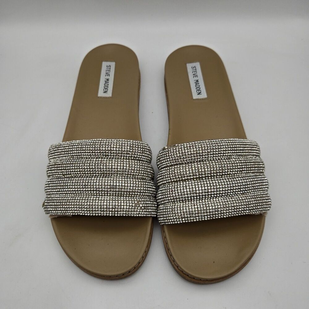 Steve Madden Silver Rhinestone Slide Flat Sandal Womens Size 8.5 Sparkly Glitter